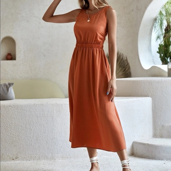 Bohemian Rust Orange Cutout Backless Midi Dress XS S M L - Picture 5 of 6